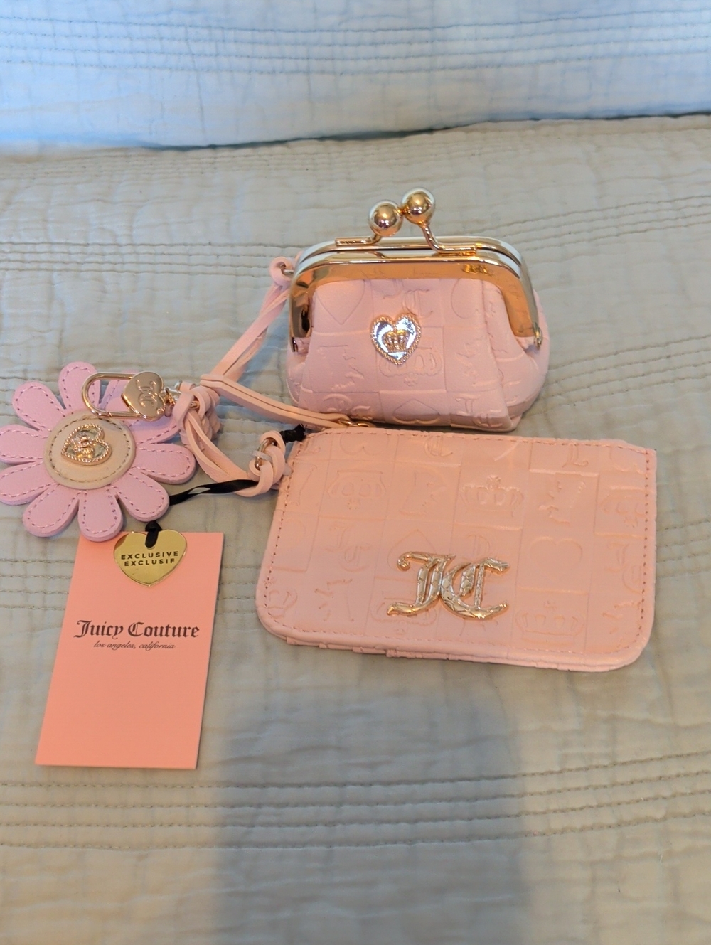 Exclusive Juicy Couture Pale Pink Coin Purse and Card Holder Set with Charm